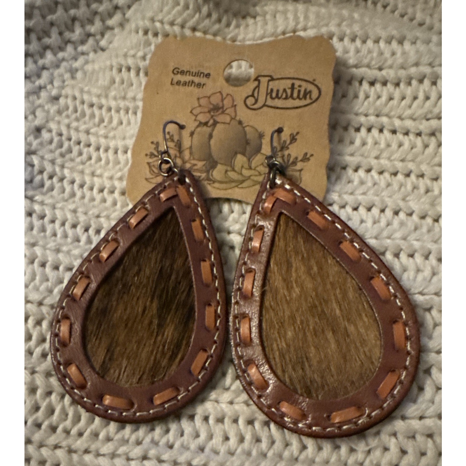 Genuine Leather Teardrop Earrings Brown Western Stitched Leather Hide On Hair